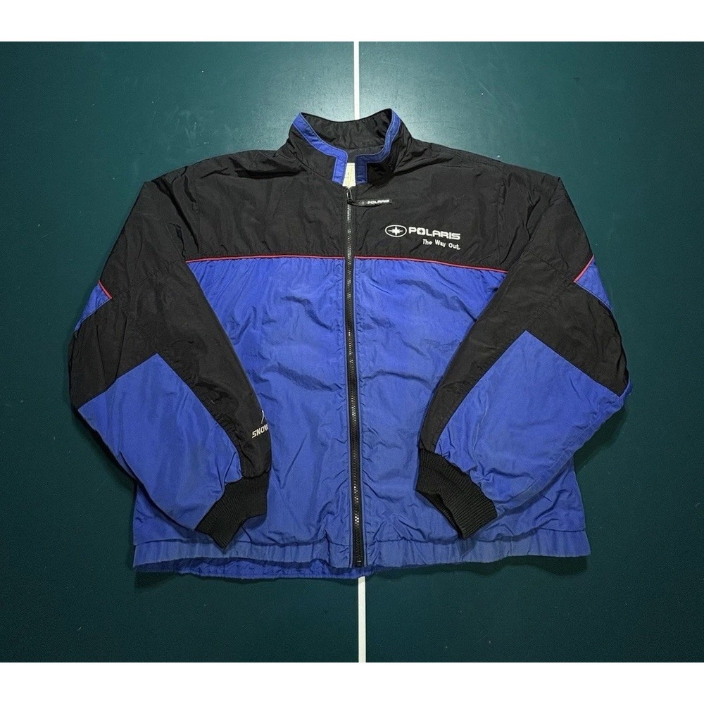 Vintage Polaris Windbreaker Jacket Mens XL Snowmobile Racing Snow Check Blue